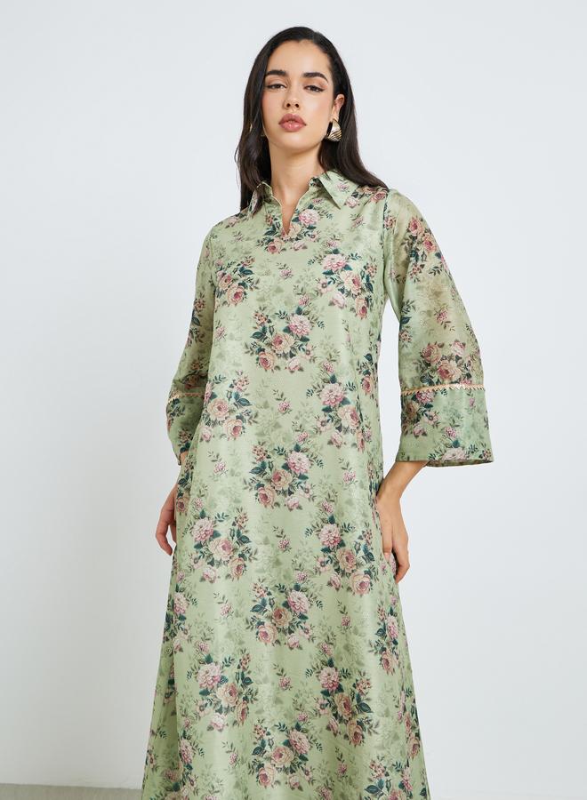 Amirah Women Green Floral Print A-Line Jalabiya - Image 1